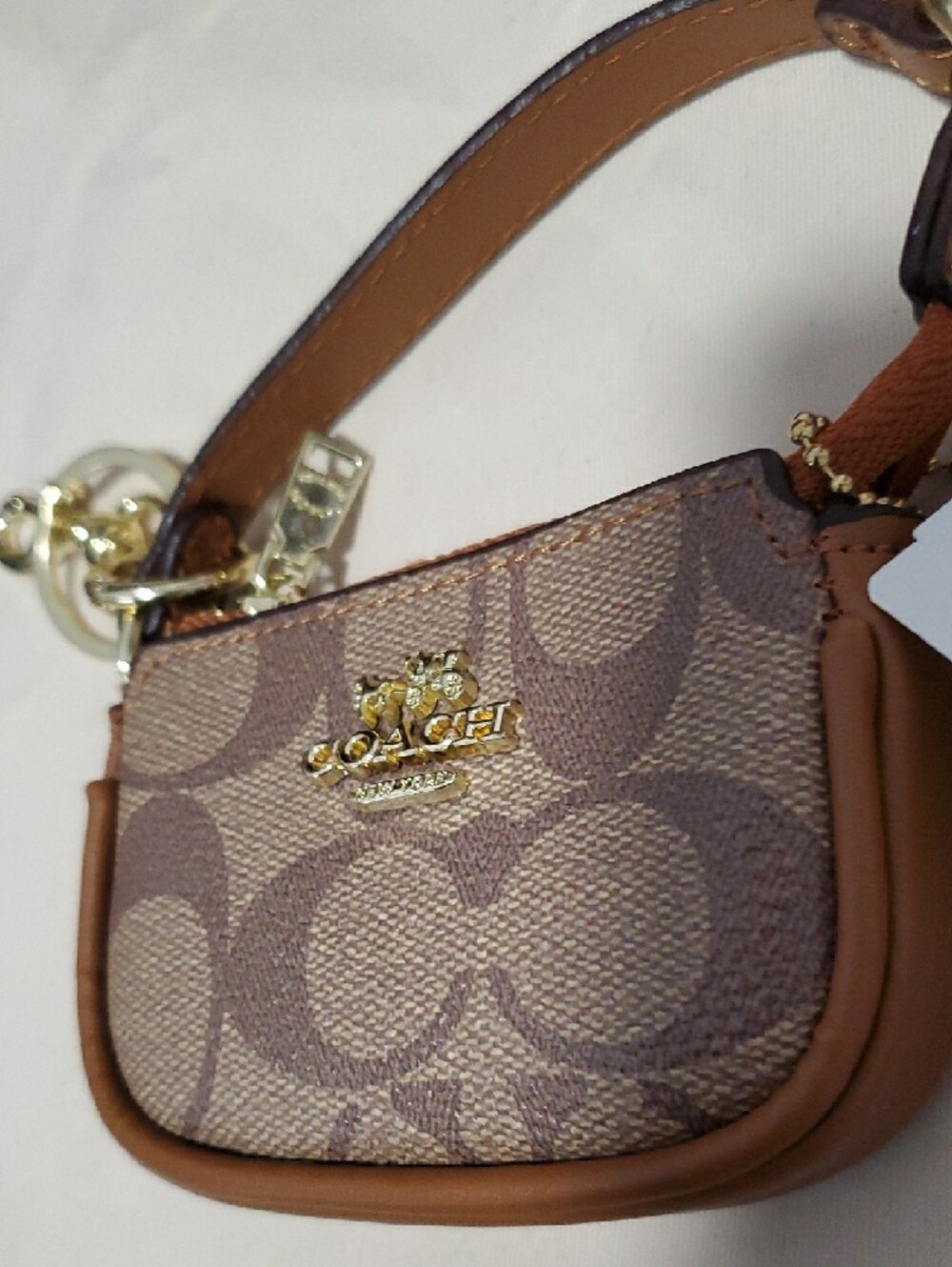 Brown Signature Mini Wristlet Key Pouch with Gold Hardware - Picture 4 of 9